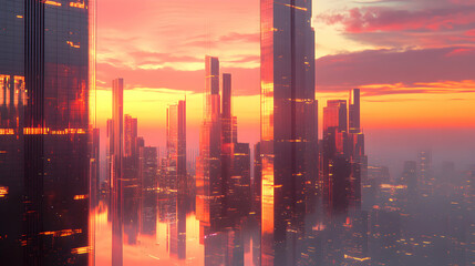 Futuristic Cityscape with Skyscrapers and Vibrant Sunset Sky