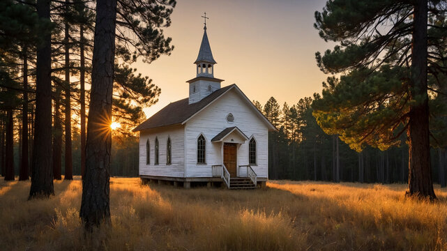 White Country Church in Field at Sunset
