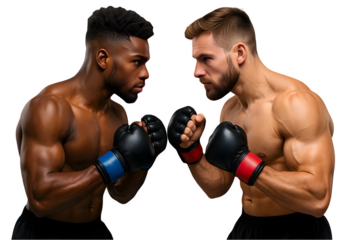 Intense Face-Off Between Two Muscular Boxers with Gloves Ready for a Sparring Match on Isolated Transperant Baground 