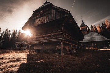 Wooden church in autumn dusk light