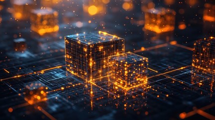 Abstract glowing cubes on a digital network