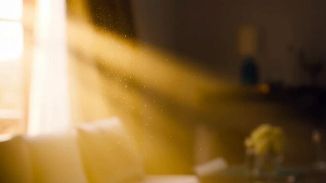 Sunlight streaming through window illuminating dust particles in a bright living room creating a warm and atmospheric glow