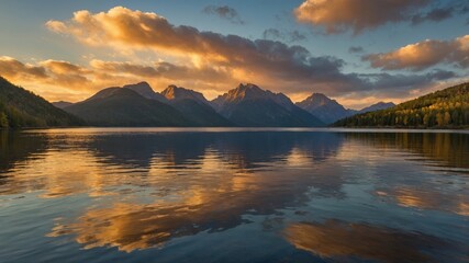 Fototapeta premium Breathtaking Sunset Over the Tranquil Lake Surrounded by Majestic Mountains and Reflecting Clouds in the Evening Sky