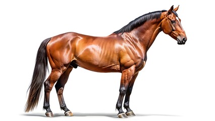 A strong brown horse stands confidently, showing its full body and muscular build isolated on white background