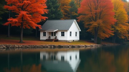 Fototapeta premium Charming White House by a Serene Lake Surrounded by Vibrant Autumn Trees in a Tranquil Forest Setting