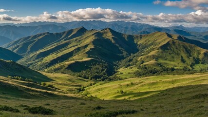 Lush Green Hills Located in the Mountains Under a Clear Blue Sky Showcasing Stunning Natural Beauty and Vast Scenery in the Afternoon Light