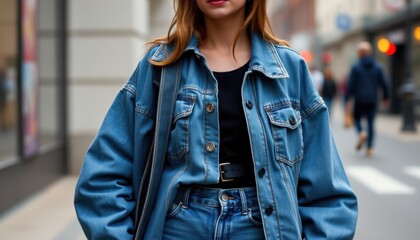 a street fashion outfit with layered denim and oversized jackets