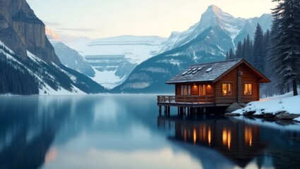 Scenic Winter Cabin by the Tranquil Lake Surrounded by Mountains at Dawn, Featuring a Cozy Atmosphere and Peaceful Nature