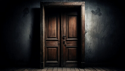 A rustic wooden door stands in a dimly lit room with a weathered wall and a wooden floorboards visible
