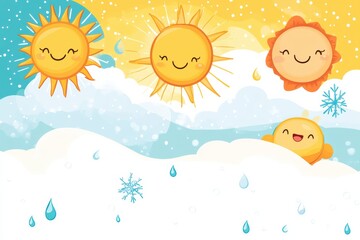 Preschool weather background with cartoon sun cloud rain snowflake smiling faces for creative writing activities and thematic lessons