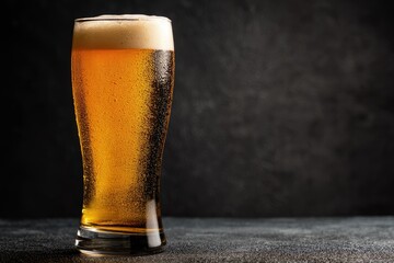 Tall curved glass filled with golden beer and topped with a creamy foam head, bubbles rising against a dark background, ideal for drink branding, pub menus, and advertising