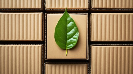 A green leaf positioned between cardboard boxes serves as a symbol of the environmental consequences of the shipping industry, which is connected to the idea of carbon-neutral delivery methods