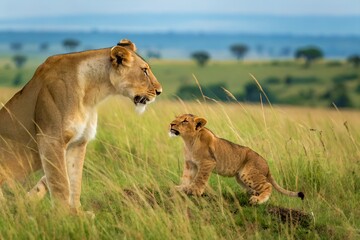 Lioness and cub in african savanna wildlife photography safari animal nature conservation tourism africa