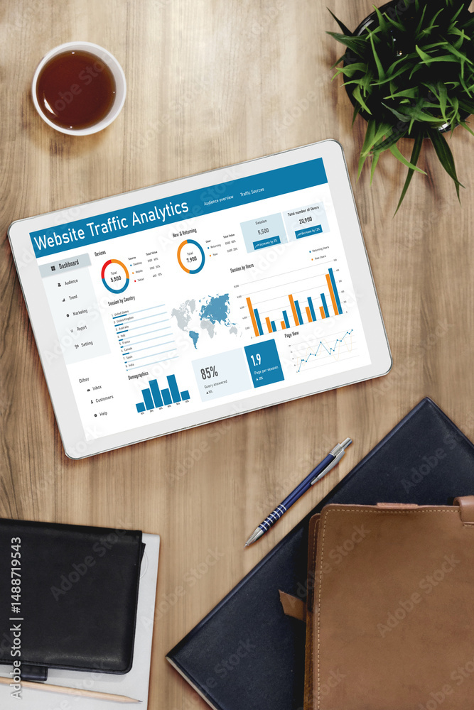 Poster computer software for website traffic analytics data on computer screen. concept of seo search engin
