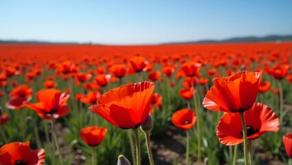 Fototapeta premium Vibrant Field of Blooming Red Poppies Under Clear Blue Sky on a Sunny Day in Springtime, Showcasing Nature's Beauty and Diversity