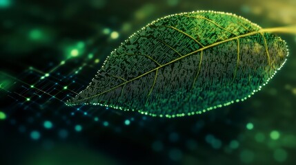 A green leaf with a digital pattern overlaid, symbolizing nature and technology integration.