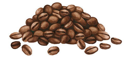 Naklejka premium Watercolor illustration of a pile of coffee beans on transparent background.