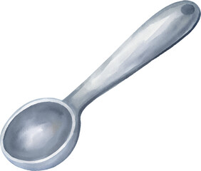 Watercolor illustration of a silver spoon on a transparent background.