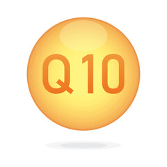 Coenzyme Q10 oil icon. Treatment golden drop pill capsule. Q10 skin care wellness. Collagen supplement. Essential oil. Ubiquinone enzyme. Serum care skin, Health nutrition. Vector illustration EPS 10