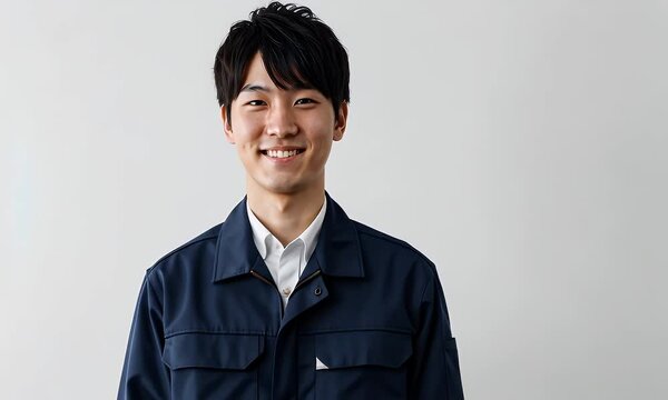 Young man smiling in navy blue uniform