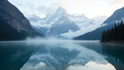 Majestic Mountains Reflected in Tranquil Lake at Dawn Surrounded by Mist and Pine Trees in a Serene Landscape
