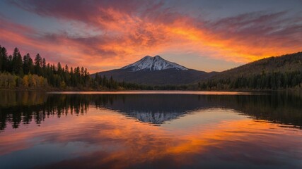 Obraz premium Vibrant Sunset Reflects on Tranquil Lake With Snow-Capped Mountain Backdrop in Autumn Colors