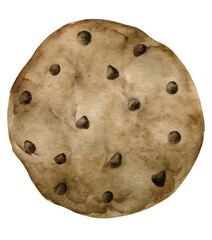 Watercolor illustration of a chocolate chip cookie on transparent background.