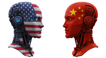 Robots with american and chinese flags facing each other isolated on transparent background