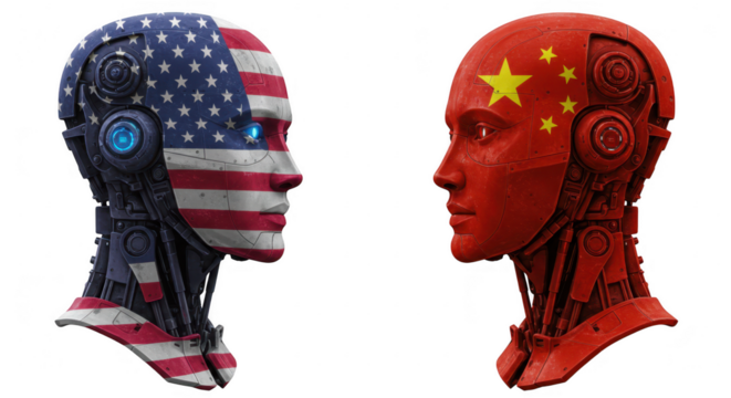 Robots with american and chinese flags facing each other isolated on transparent background
