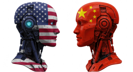 American and chinese robot heads facing each other isolated on transparent background