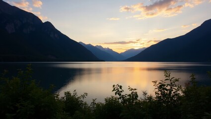 Fototapeta premium Sunset Colors Reflecting on the Calm Water of a Mountain Lake Surrounded by Peaks and Greenery During Late Evening Hours