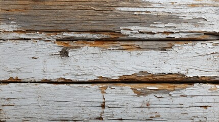 Fototapeta premium Weathered wood plank with peeling white paint. Horizontal, natural wood grain with layers of cracked, flaking white paint