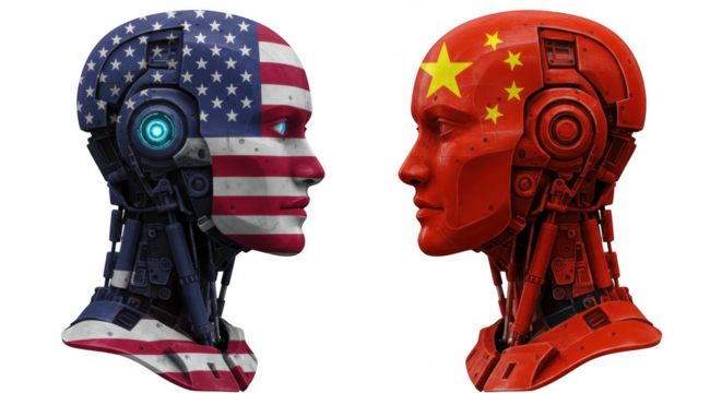 American and chinese robot heads facing each other isolated on transparent background