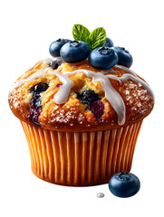 Blueberry muffin with cracked top and sugar glaze isolated on transparent background