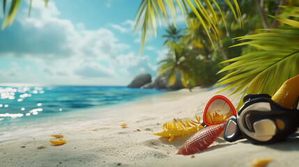 Obraz premium Tropical beach paradise with palm trees and colorful beach gear high resolution picture