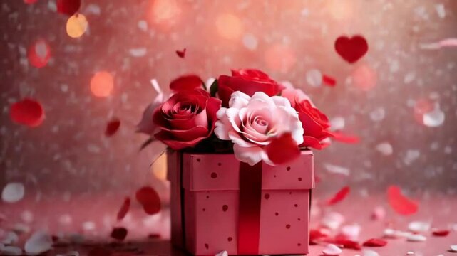 Valentine's Day Decoration Gift Box Flowers and Colorful Bokeh Behind