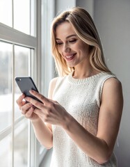 Fototapeta premium smiling woman at the window using her smartphone