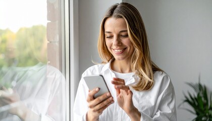 smiling woman at the window using her smartphone