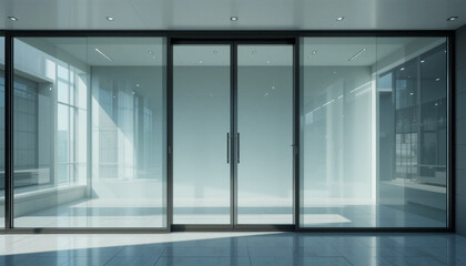 View of a modern office space with glass doors and windows reflecting light on a polished floor area