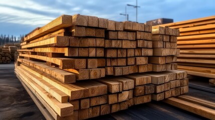 Piles of square timber in a lumber yard preparing for construction