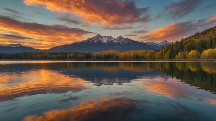 Stunning Sunset Reflections Over Calm Lake Surrounded by Majestic Mountains and Vibrant Autumn Foliage in Washington State