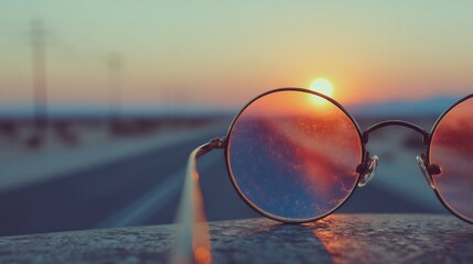 A view of a sunset through round sunglasses.