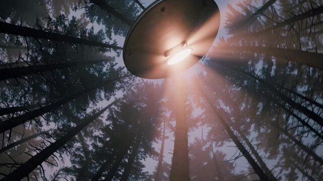 Aerial view of a UFO beaming light through a forest canopy, creating a mysterious, cinematic atmosphere reminiscent of a sci-fi video scene.