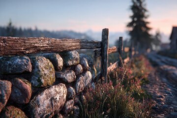 Rustic stone wall and wooden fence at sunrise.