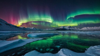 Vibrant Northern Lights Illuminate the Icy Landscape Reflecting on the Tranquil Waters During a Winter Night in a Remote Arctic Region