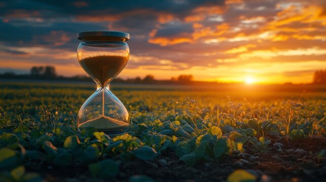 In a powerful symbol, an hourglass encases a fresh water droplet that brings life to a green plant stranded on dry land, highlighting the critical themes of climate change, drought, and water