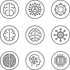 Brain Technology Icon Set | AI Neural Network Circuit Brain Vector for Tech and Science
