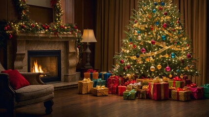 Warm Holiday Gathering by a Decorated Christmas Tree With Gifts Beside a Cozy Fireplace in a Festive Living Room