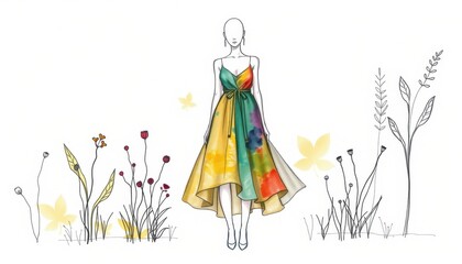 a sustainable fashion sketch using plant-based dyes and organic materials