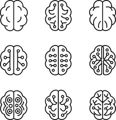 Brain Technology Icon Set | AI Neural Network Circuit Brain Vector for Tech and Science
